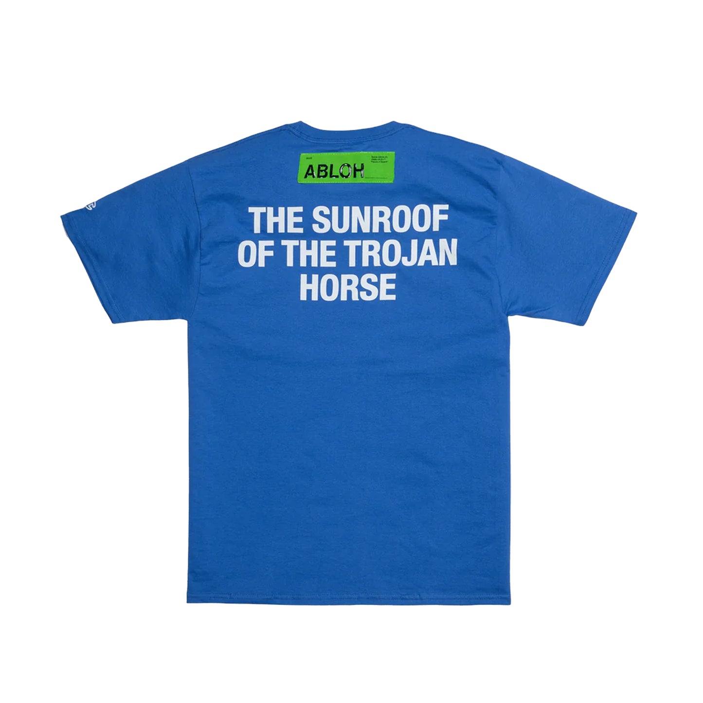 VIRGIL ABLOH, VIRGIL, T-SHIRT, CHAMPION, CHAMPION T-SHIRT, OFF-WHITE, FIGURES OF SPEECH, EXHIBITION, COLLECTIBLE, ART, BROOKLYN MUSEUM, ABLOH, FOS, VIRGIL ABLOH - FOS SUNROOF TROJAN HORSE CHAMPION TEE BLUE, FOS SUNROOF TROJAN HORSE CHAMPION TEE BLUE