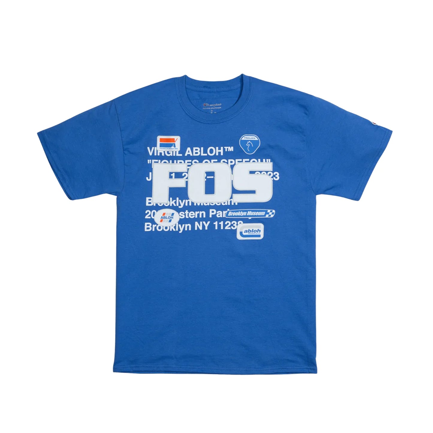 VIRGIL ABLOH, VIRGIL, T-SHIRT, CHAMPION, CHAMPION T-SHIRT, OFF-WHITE, FIGURES OF SPEECH, EXHIBITION, COLLECTIBLE, ART, BROOKLYN MUSEUM, ABLOH, FOS, VIRGIL ABLOH - FOS SUNROOF TROJAN HORSE CHAMPION TEE BLUE, FOS SUNROOF TROJAN HORSE CHAMPION TEE BLUE