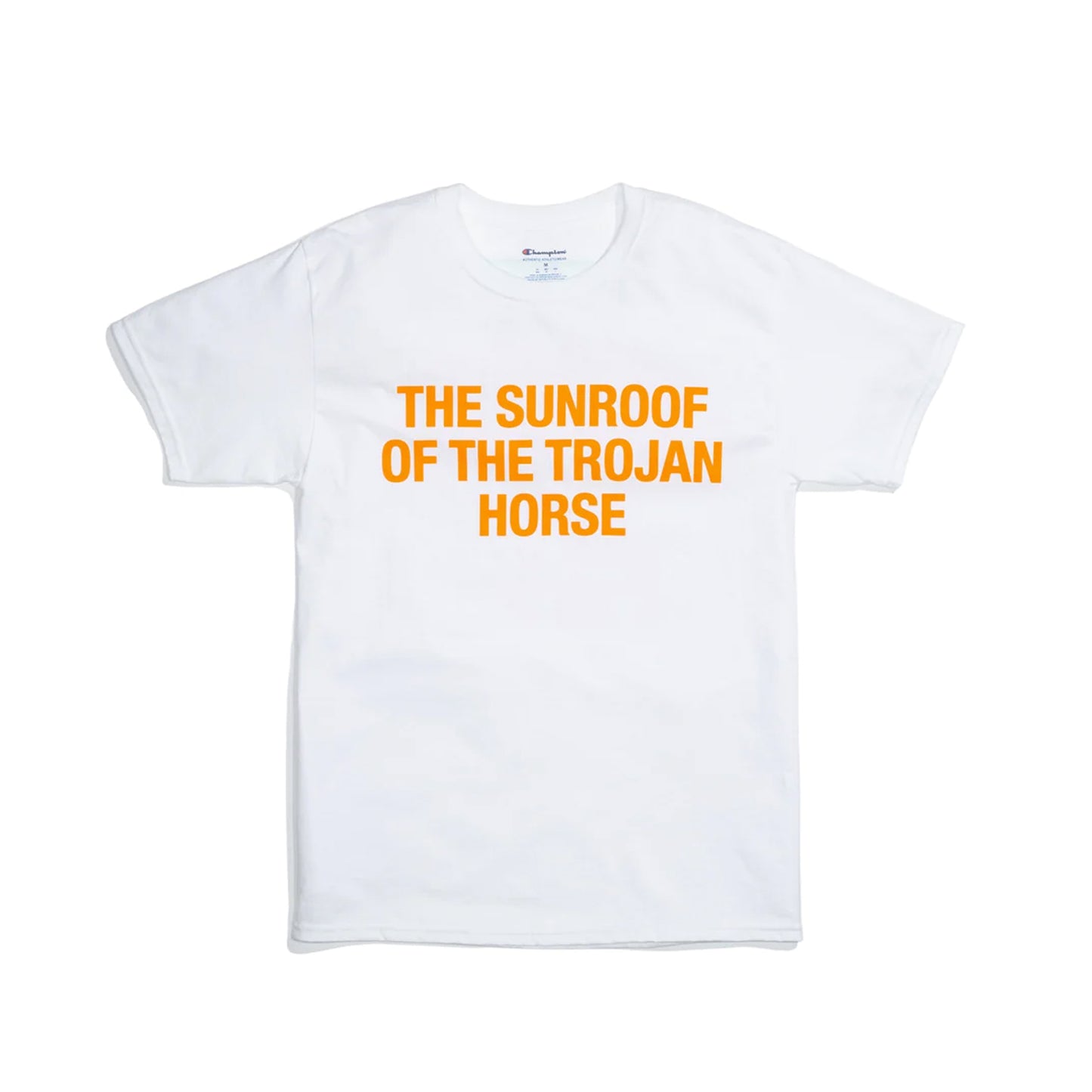 VIRGIL ABLOH, VIRGIL, T-SHIRT, CHAMPION, CHAMPION T-SHIRT, OFF-WHITE, FIGURES OF SPEECH, EXHIBITION, COLLECTIBLE, ART, BROOKLYN MUSEUM, ABLOH, FOS, VIRGIL ABLOH - SUNROOF TROJAN HORSE CHAMPION TEE WHITE, SUNROOF TROJAN HORSE CHAMPION TEE WHITE