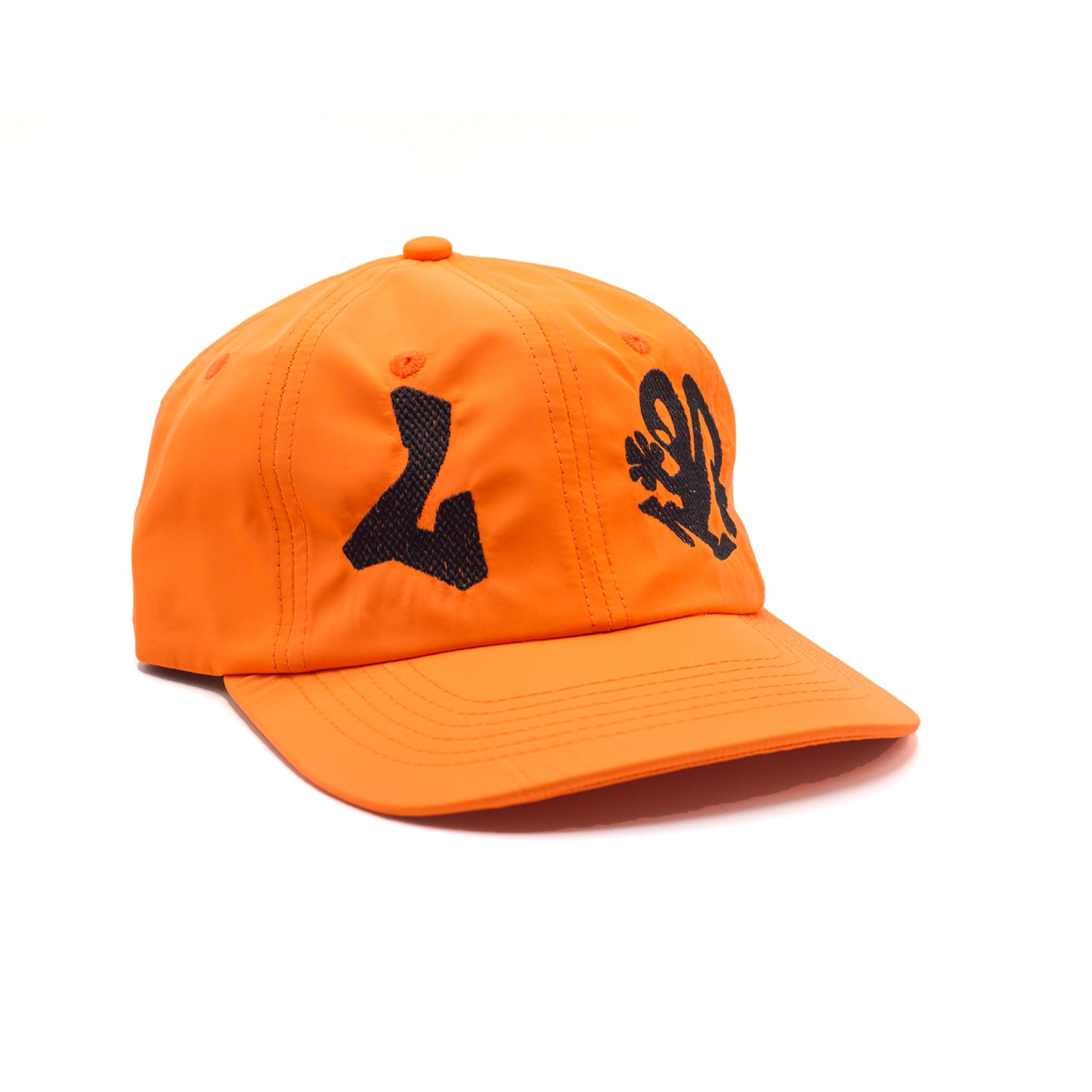 L GRAY ALIEN NEON OG HAND-MADE NYLON CAP, Hand-made paneled recycled nylon taffeta cap in neon orange with black embroidery, EDITION OF 8, LMTD PLASTIKMAN CAP, PLASTIKMAN CAP, PLASTIKMAN NYLON CAP