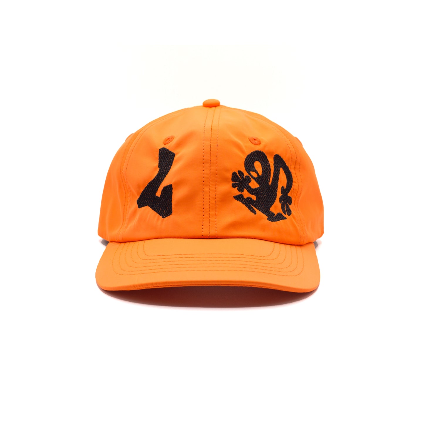 L GRAY ALIEN NEON OG HAND-MADE NYLON CAP, Hand-made paneled recycled nylon taffeta cap in neon orange with black embroidery, EDITION OF 8, LMTD PLASTIKMAN CAP, PLASTIKMAN CAP, PLASTIKMAN NYLON CAP