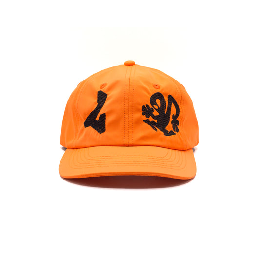 L GRAY ALIEN NEON OG HAND-MADE NYLON CAP, Hand-made paneled recycled nylon taffeta cap in neon orange with black embroidery, EDITION OF 8, LMTD PLASTIKMAN CAP, PLASTIKMAN CAP, PLASTIKMAN NYLON CAP