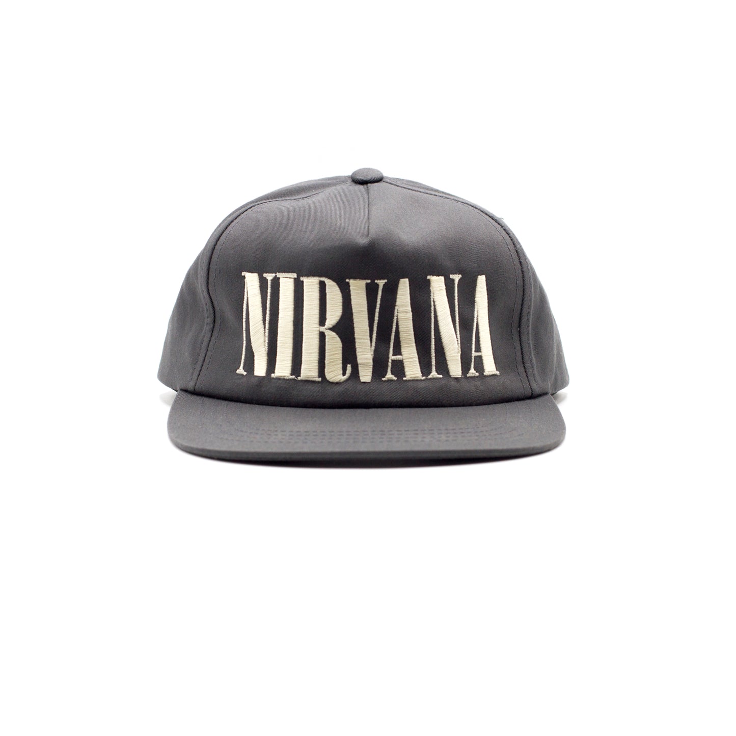 NIRVANA CHARCOAL/OFF-WHITE - UNSTRUCTURED 5-PANEL SNAPBACK HAT, NIRVANA, vintage charcoal snapback with off-white embroidery, Nirvana Vintage classic snapback cap, NIRVANA SNAPBACK, NIRVANA VINTAGE CAP, NIRVANA CAP