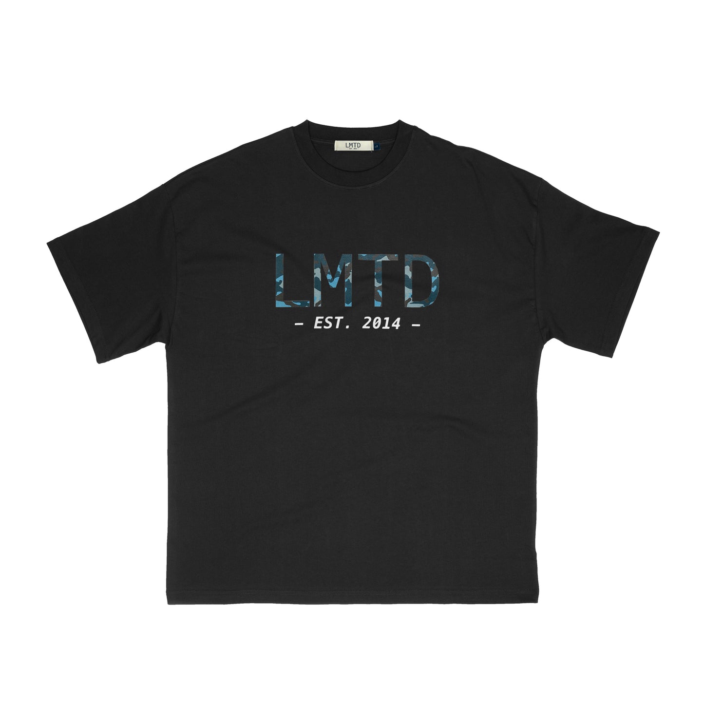 LMTD LOGO BLACK/CAMO BLUE CLASSIC SERIES T-SHIRT, LMTD LOGO CAMO BLUE T-SHIRT, LMTD LOGO T-SHIRT, LMTD LOGO CLASSIC SERIES T-SHIRT, LMTD CAMO BLUE LOGO T-SHIRT