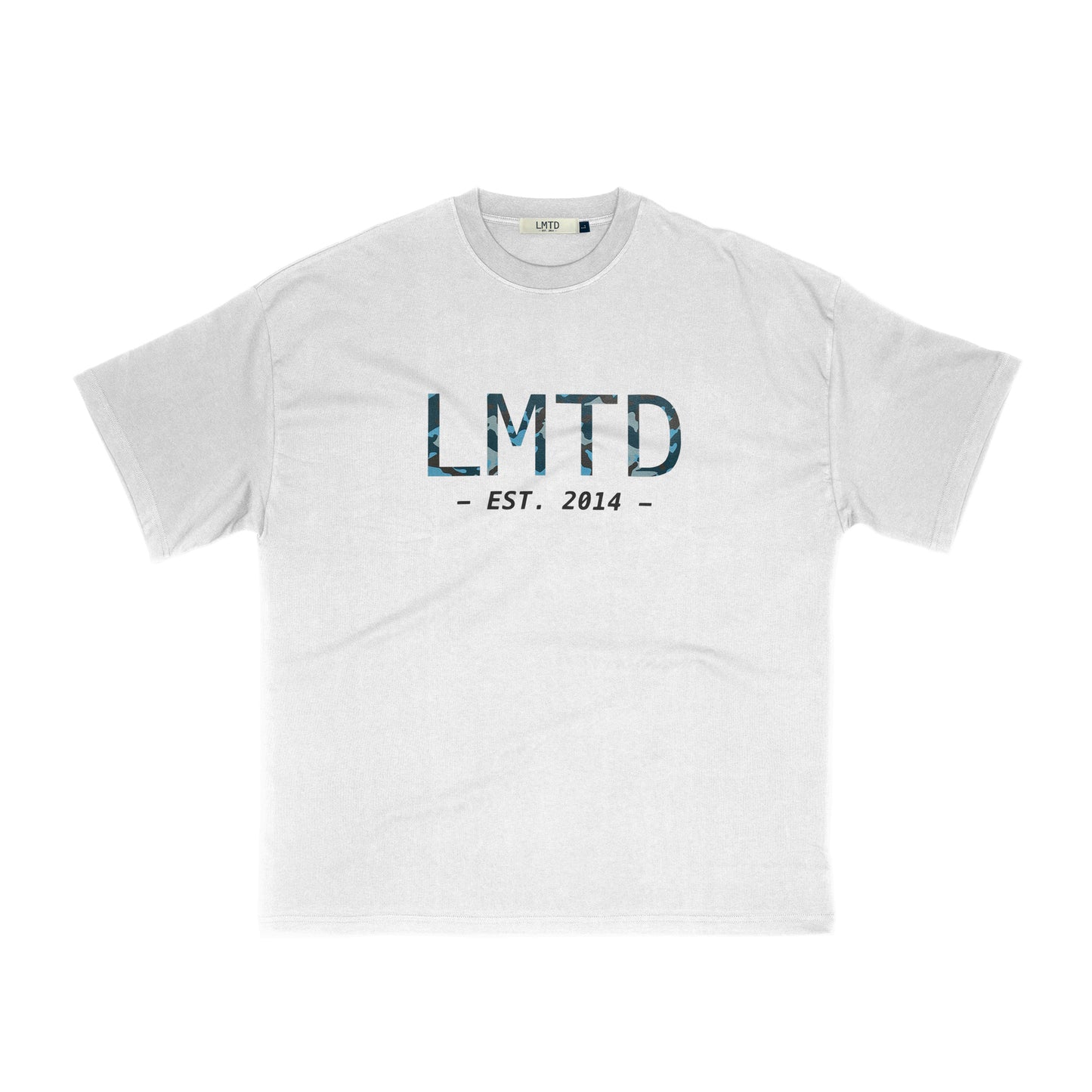 LMTD LOGO WHITE/CAMO BLUE CLASSIC SERIES T-SHIRT, LMTD LOGO CAMO BLUE T-SHIRT, LMTD LOGO T-SHIRT, LMTD LOGO CLASSIC SERIES T-SHIRT, LMTD CAMO BLUE LOGO T-SHIRT